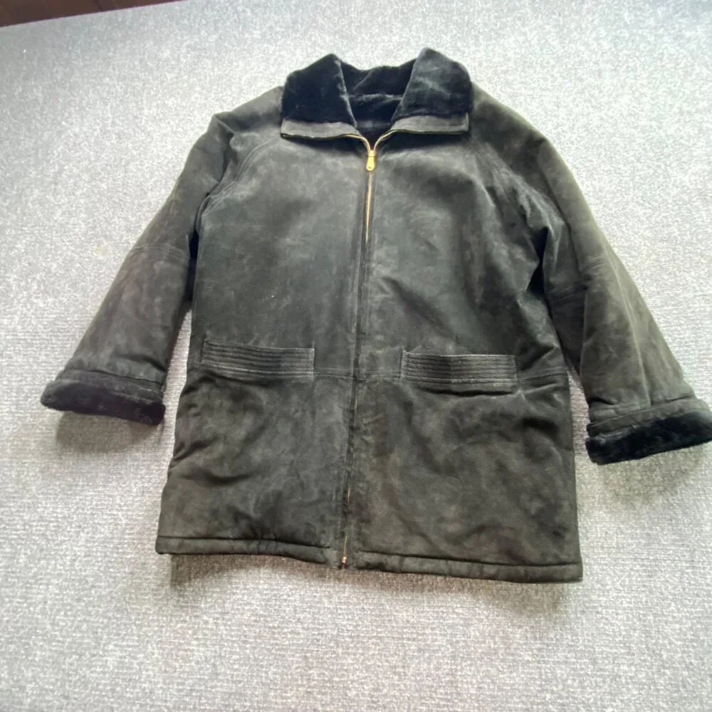 Vintage JLC Reversible Coat Womens L Black Suede Leather Faux Fur Zip Grunge Y2K
